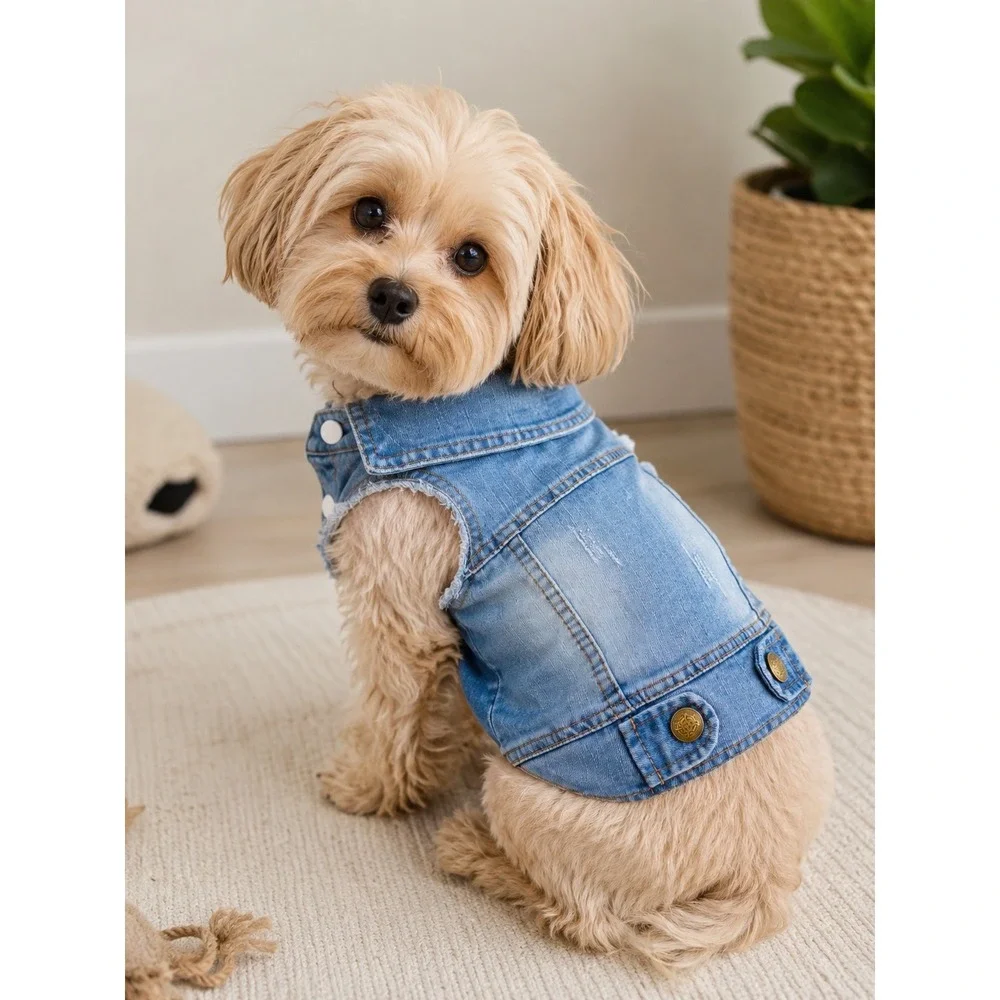 Blue Distressed Denim Pet Vest Dog Cat Jacket Medium Wash Snap Button Front